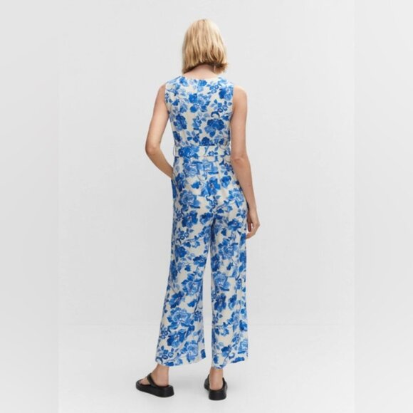 Mango Floral-Print Jumpsuit With Tie Blue and White Print Size Extra Small - Picture 2 of 14